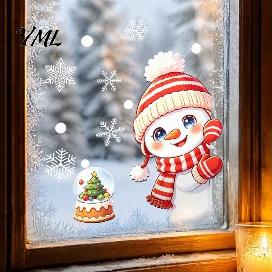 Cute Snowman Wall Art Peeking Static Cling Window Decal, Christmas Glass Sticker with Waterproof Decorations Snowflakes, Reusable PVC Holiday