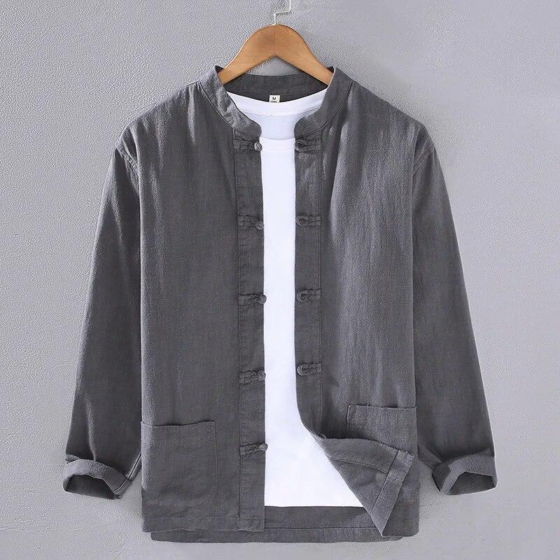 Мужские рубашки в стиле Тан, традиционные даосские рубашки в китайском стиле, весенняя мужская одежда, повседневные мужские топы из хлопка и льна с длинным рукавом