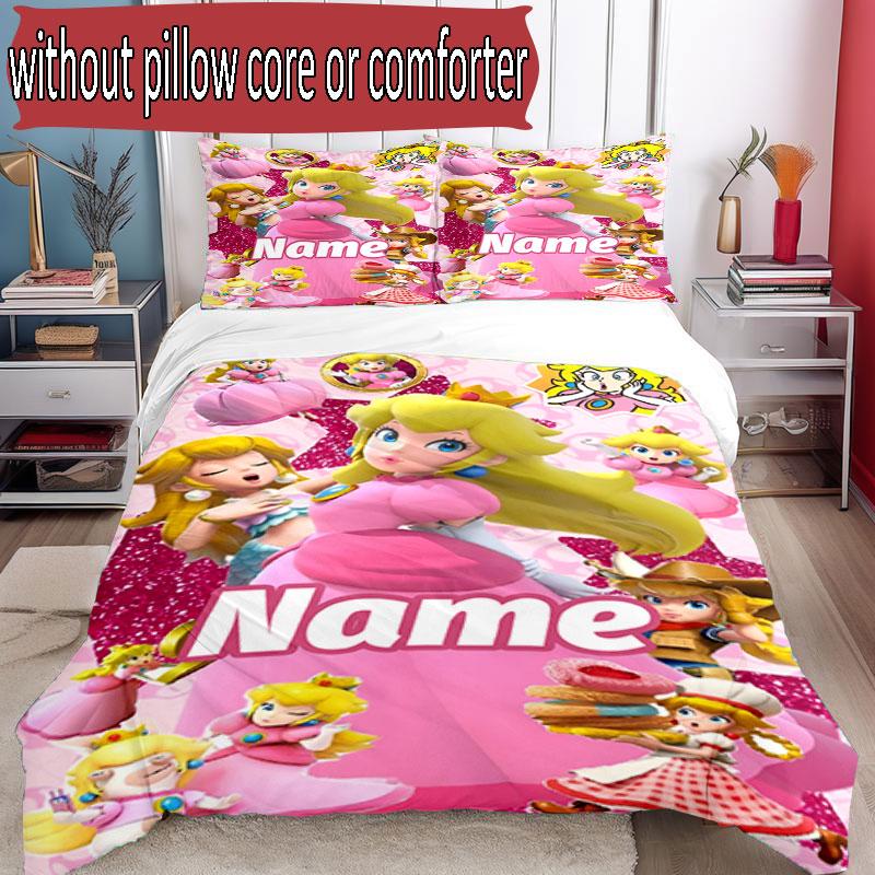 3pcs Duvet Cover Set (1*Duvet Cover + 2*Pillowcase, Without Core), Custom Name Princess Peach Toadstool Pattern Bedding Set, Home Bedroom Decor Gift