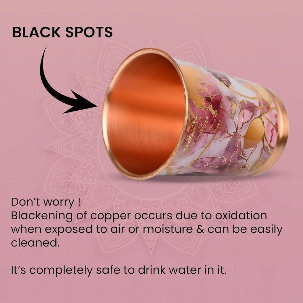 Copper Printed Design 250ML Water Glass with Rust Proof for Home and Office Use Ayurveda and Yoga Health Benefits Glass Set of 6 (Pink Gold)