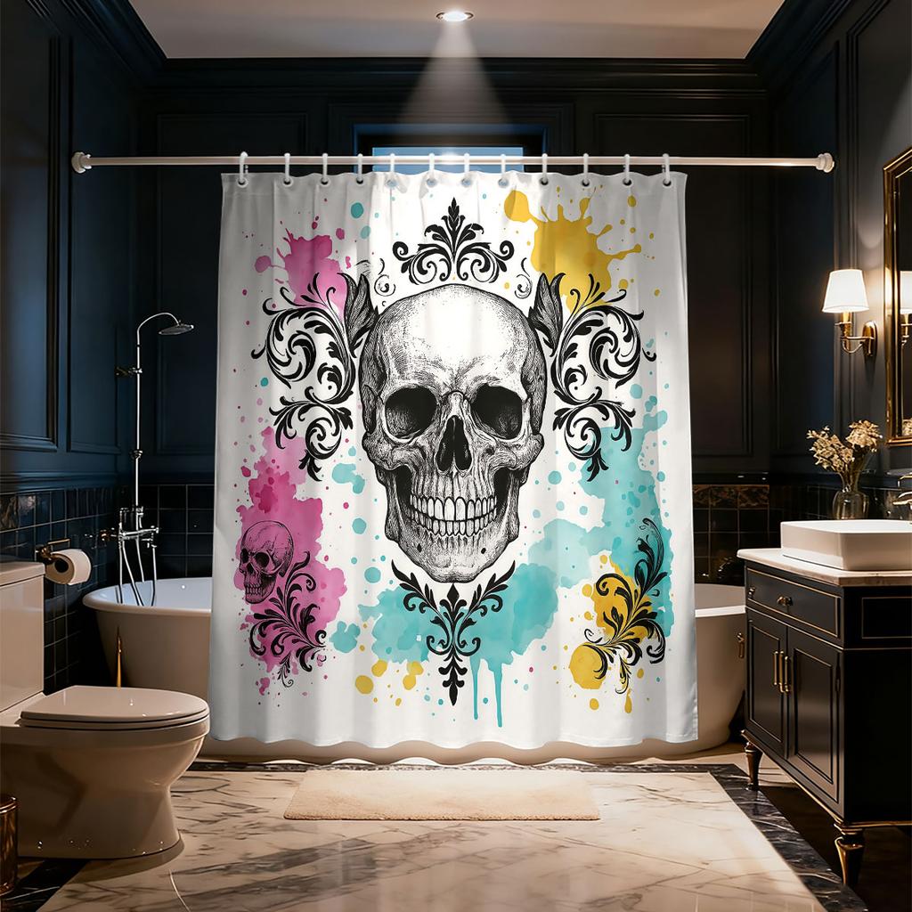 1PC Retro Skull Colorful Watercolor Ink Splash Shower Curtain Waterproof Privacy Partition Hanging Curtain