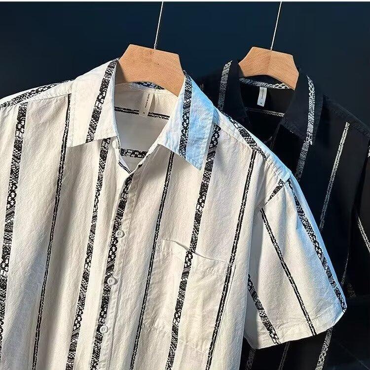 Весна-лето Мужская полосатая рубашка с отложным воротником и коротким рукавом, дышащая, для деловых поездок