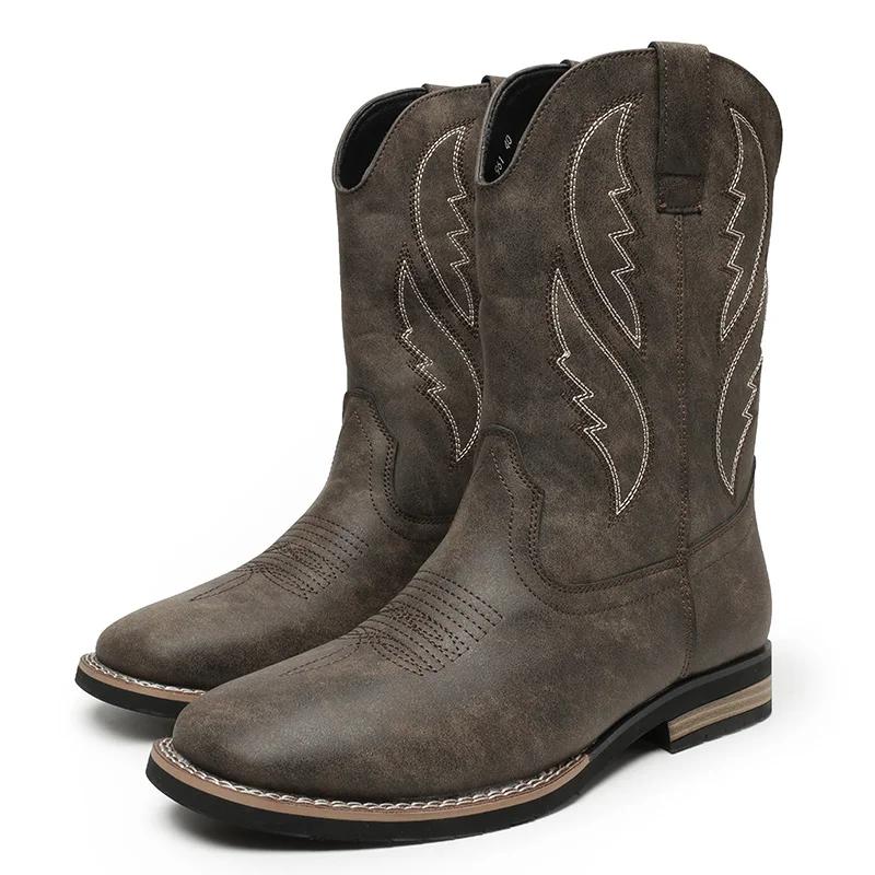 Мужские классические ковбойские сапоги в стиле ретро, мужские модные кожаные сапоги до середины голени с вышивкой, повседневная обувь с высоким берцем для мужчин 2025 г.
