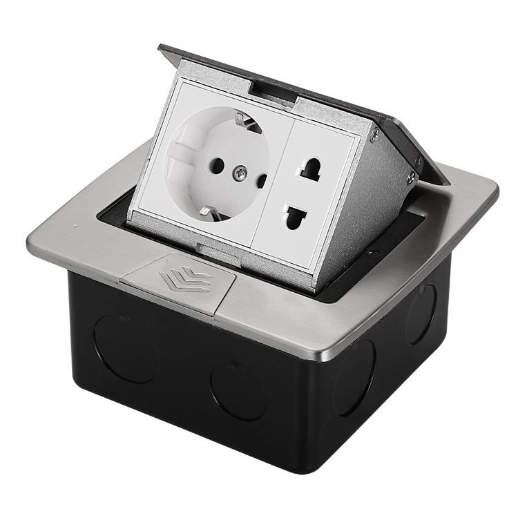 Stainless Steel Pop-up Floor Socket Box - Euro, German, American Standard Silver Recessed Power Socket.