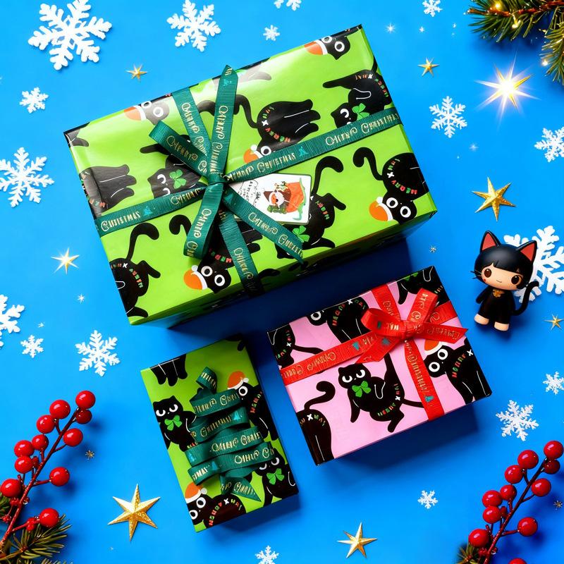 Christmas Cat Pattern Gift Wrapping Paper Roll Cute Animal Printed Paper Sheet Holiday Present Package Cover DIY Craft Paper