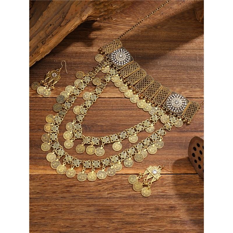 Ethnic Women Gypsy Gold Color Coin Tassel Necklace Earring Aesthetic Bohemia Long Pendant Choker Turkish Afghan Wedding Jewelry