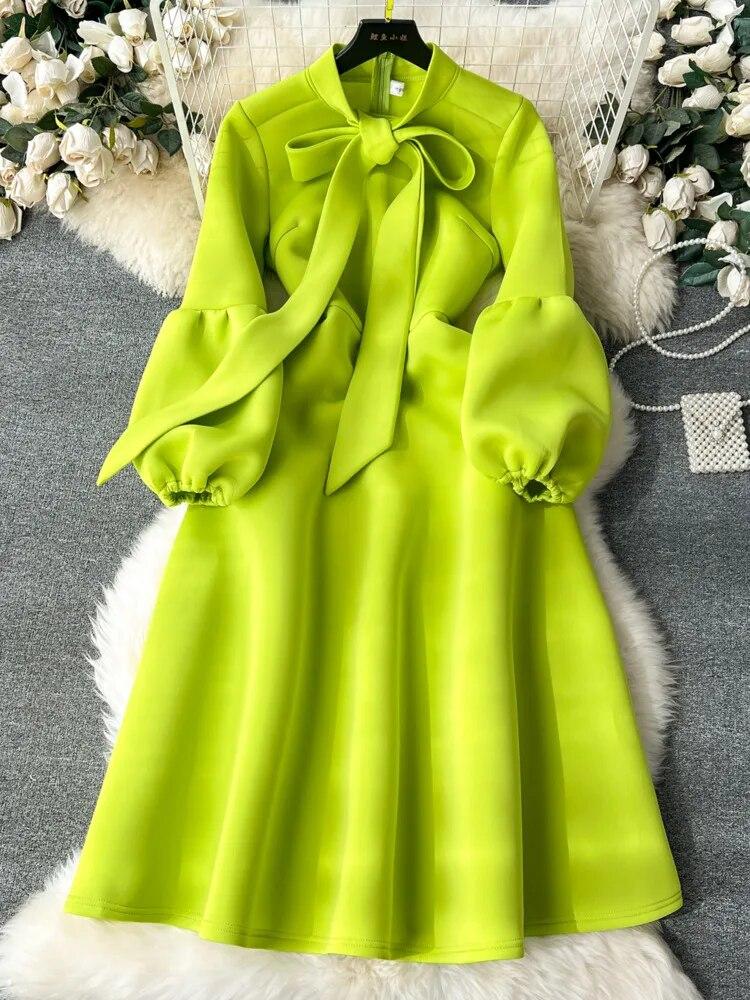 Милое стильное женское платье с бантом на шнуровке и фонариком с длинными рукавами, однотонные платья с высокой талией, осень-зима 2024, новинка 2024 г.