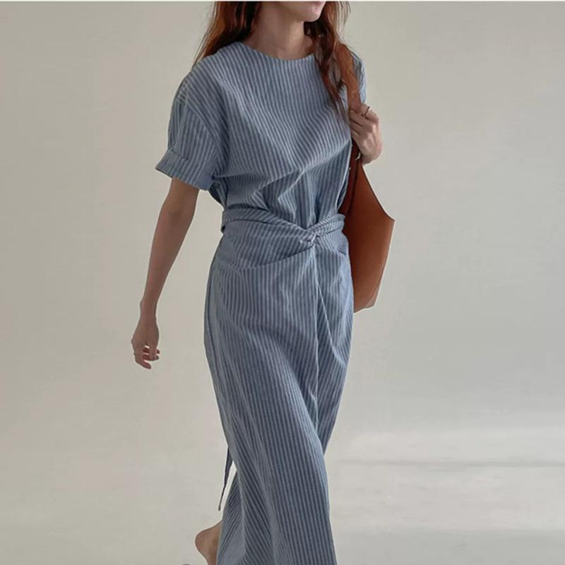 Johnature Корейские ленивые ретро полосатые платья со шнуровкой на талии летние женские свободные повседневные платья с коротким рукавом и круглым вырезом