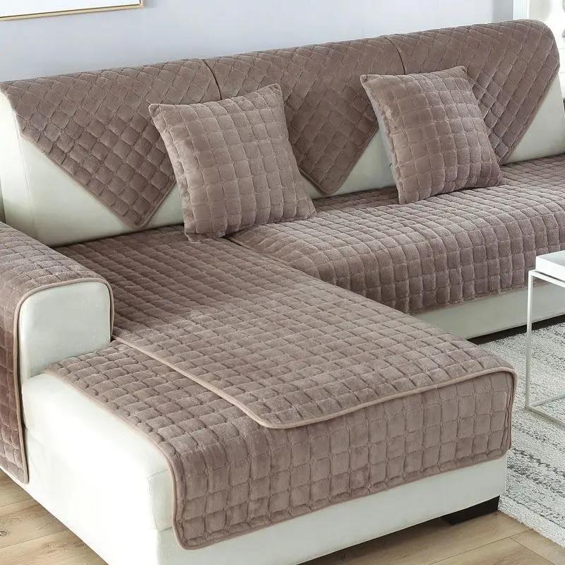 Winter Thick Plaid Plush Sofa Cover Warm Velvet Non-Slip Cushions Living Room Flannel Couch Covers Universal Armrest Back Towel