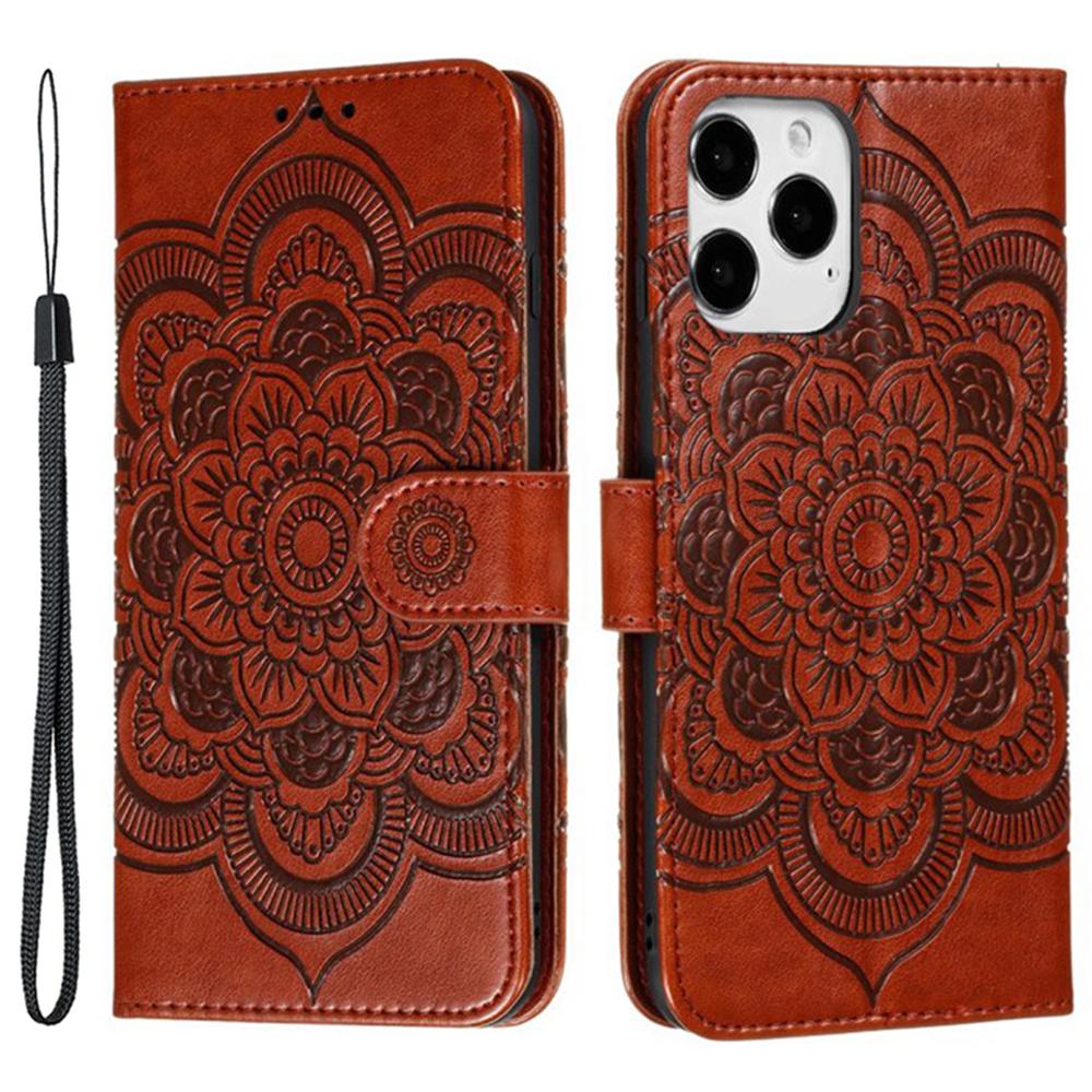 For iPhone 16 Case PU Leather Mandala Imprinted Design Wallet Phone Cover - Green