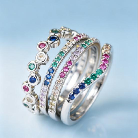 Fashionable colorful zircon stacked ring set Multi-style thin ring set with four pieces