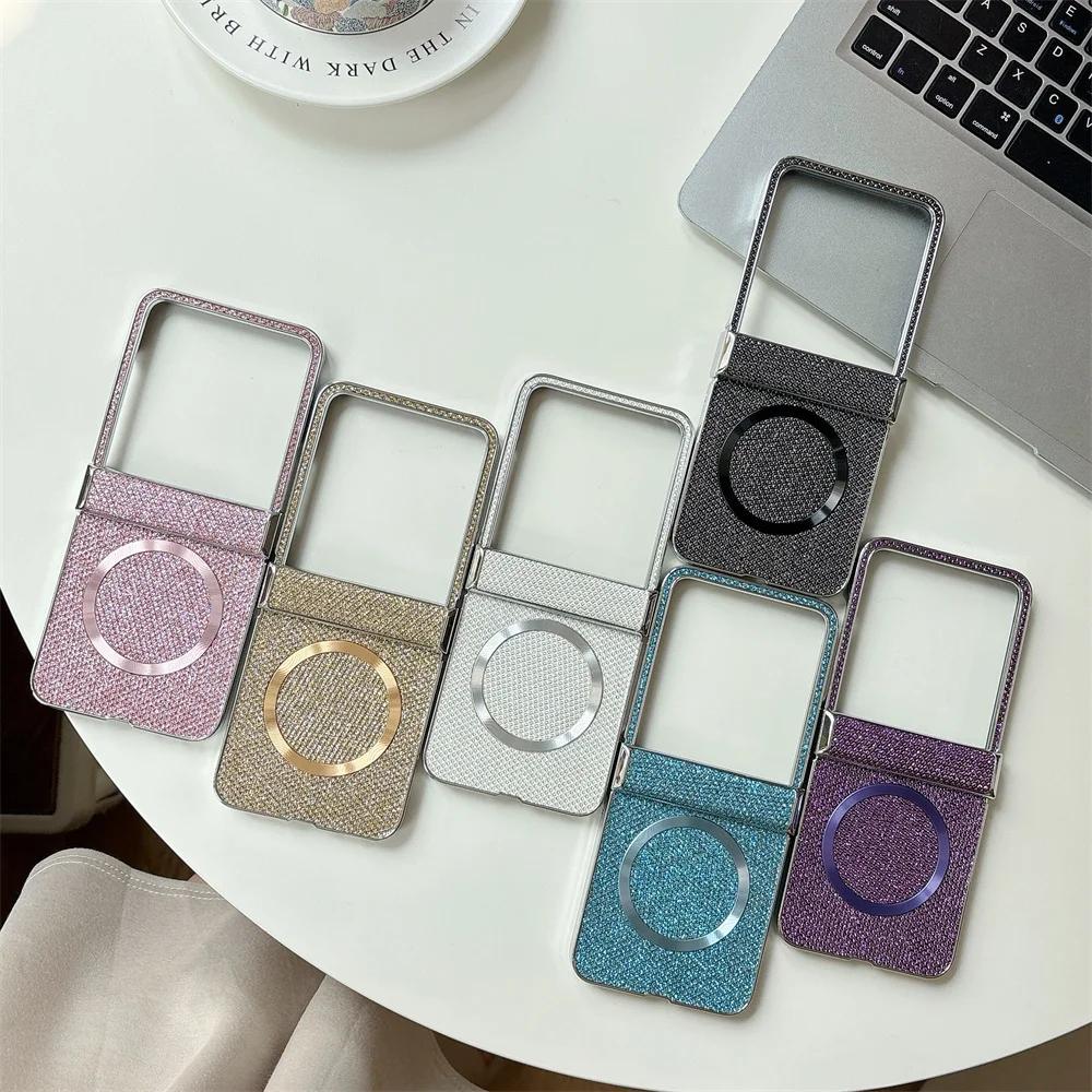 For Wireless Charging Magnetic Plating Leather Phone Case for Motorola Razr 50 40 Ultra Moto Razr 50 Hinge Protection Cover