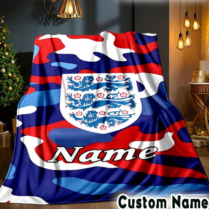 Custom Name England Football Crest Throws Blanket Flannel Blankets for Couch Bed Gifts for Men Women Picnic blanket Christmas fan gifts