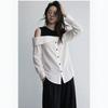 Womens Off Shoulder Fake Two Piece Shirt Contrast Color Spliced Blouse Loose Fit Long Sleeve Fall Fashion