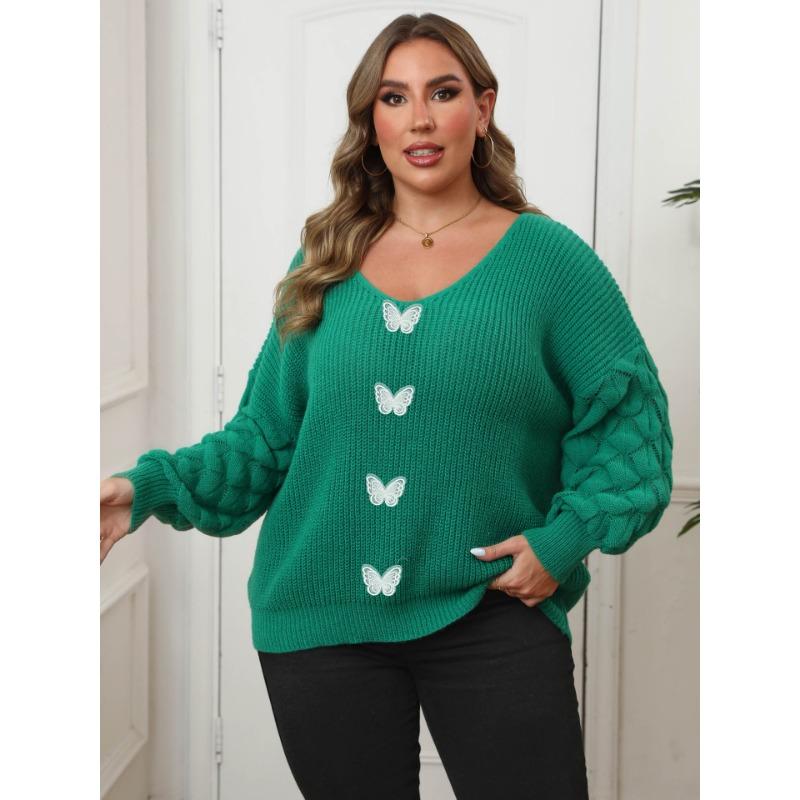 Plus Size Long Sleeve Knit Sweater Deep V Neck Lace Butterfly Pullover Top