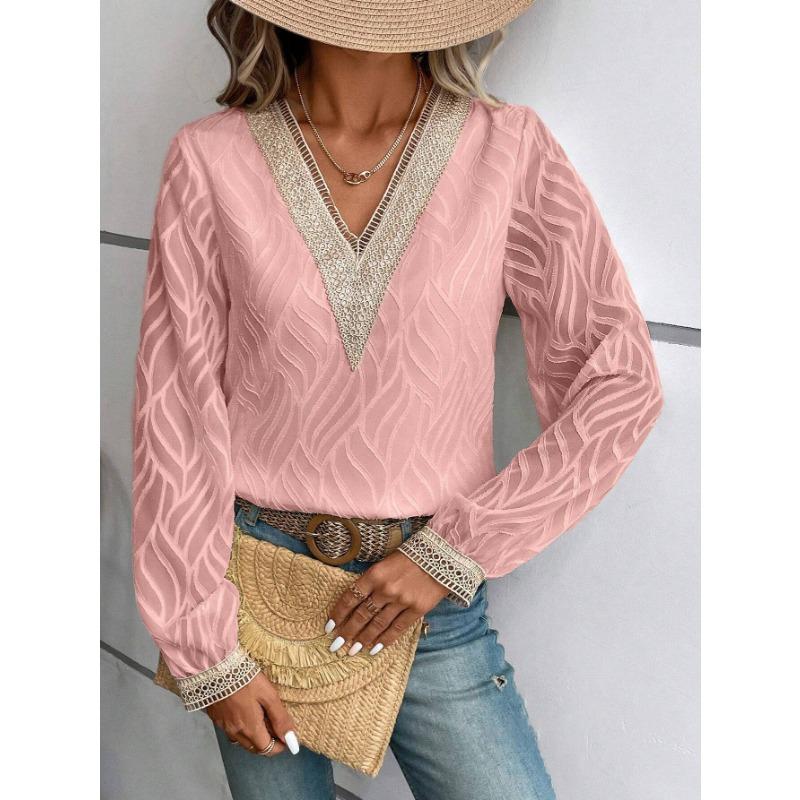 YYFS Женские модные повседневные весенне-осенние однотонные блузки и рубашки с v-образным вырезом и длинным рукавом с принтом