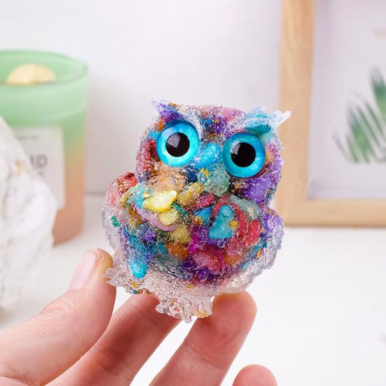 Natural Crystal Owl Figurine Handmade Resin Owl Statue Filled with Crystal Stones Tabletop Owl Ornament