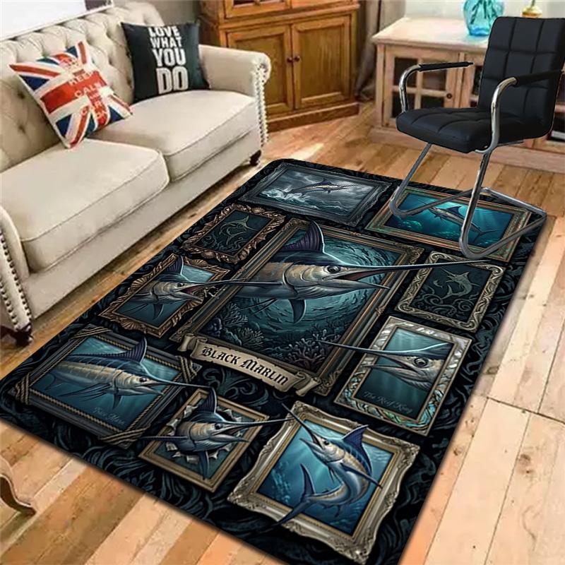 Black Marlin Collection Pattern Rug Floor Mat for Living Room or Bedroom Soft and Comfortable Carpet a Gift for Birthday and Holiday.