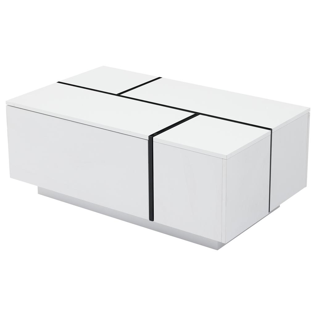 Modern White Square Coffee Table, Patchwork Colors with High-Gloss Look, 100 x 60 x 40 cm – Four Drawers, Sliding Tabletop, Load Capacity up to 30 kg