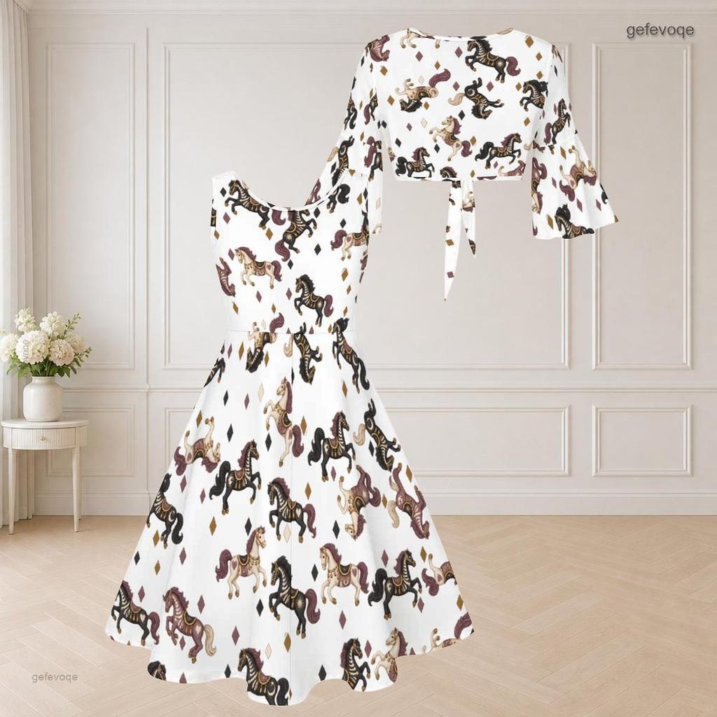 Women Plus Size V Neck Twist Front Three Quarter Flare Sleeve Skull Seashell Print White Dress
