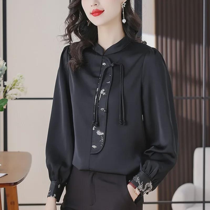 Women's Spring 2024 Satin Retro Long-Sleeve Shirt - Light National Style Top
