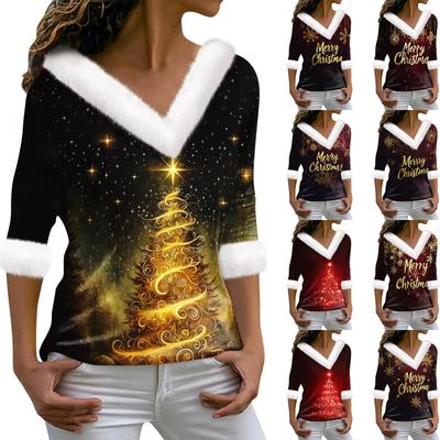 Женская футболка с рождественским принтом, длинный рукав, флисовый воротник, V-образный вырез, футболка