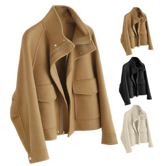 Осенне-зимнее шерстяное пальто с боковыми карманами, застежкой-молнией и отложным воротником, однотонное