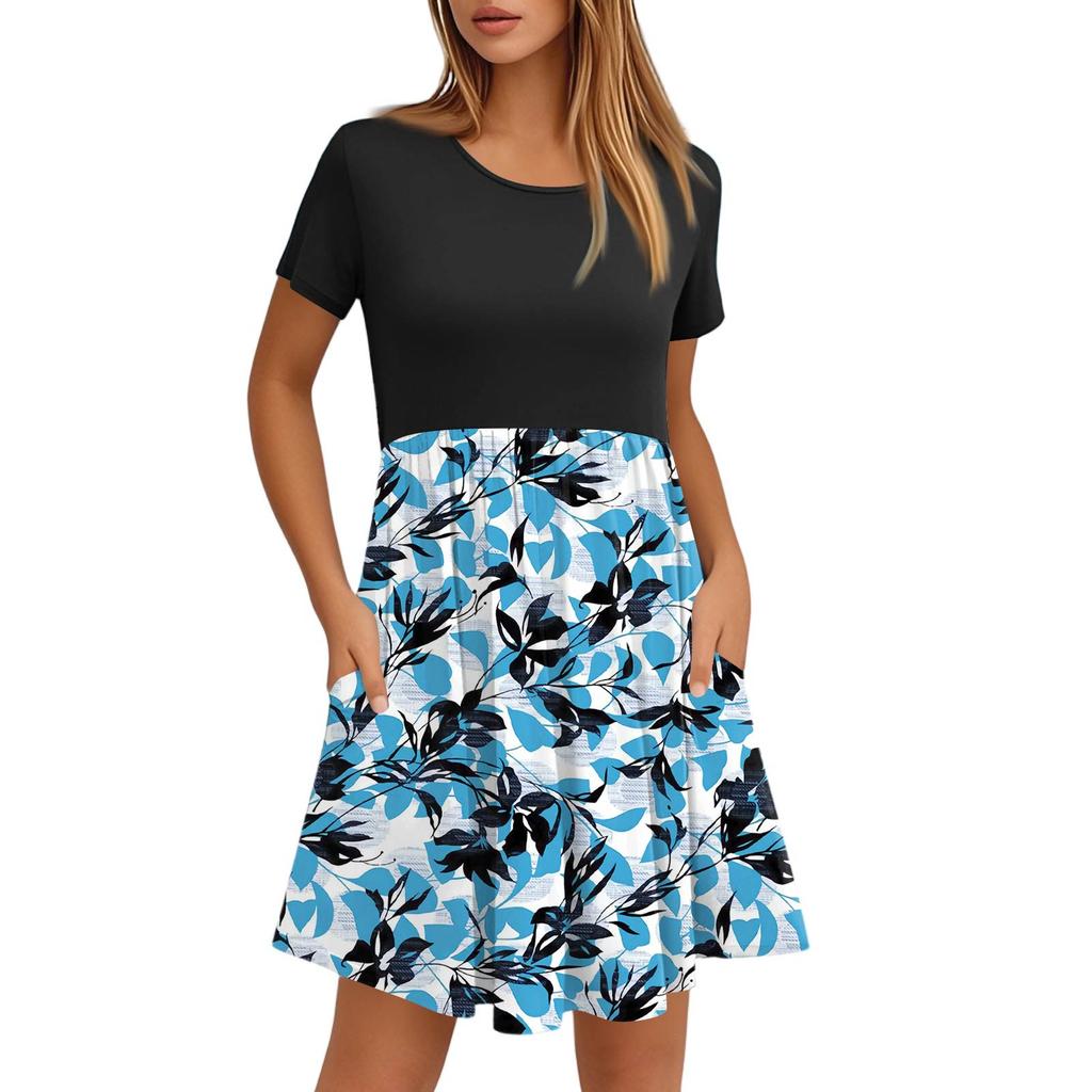 Женские модные повседневные свободные платья с круглым вырезом и коротким рукавом с принтом и карманами