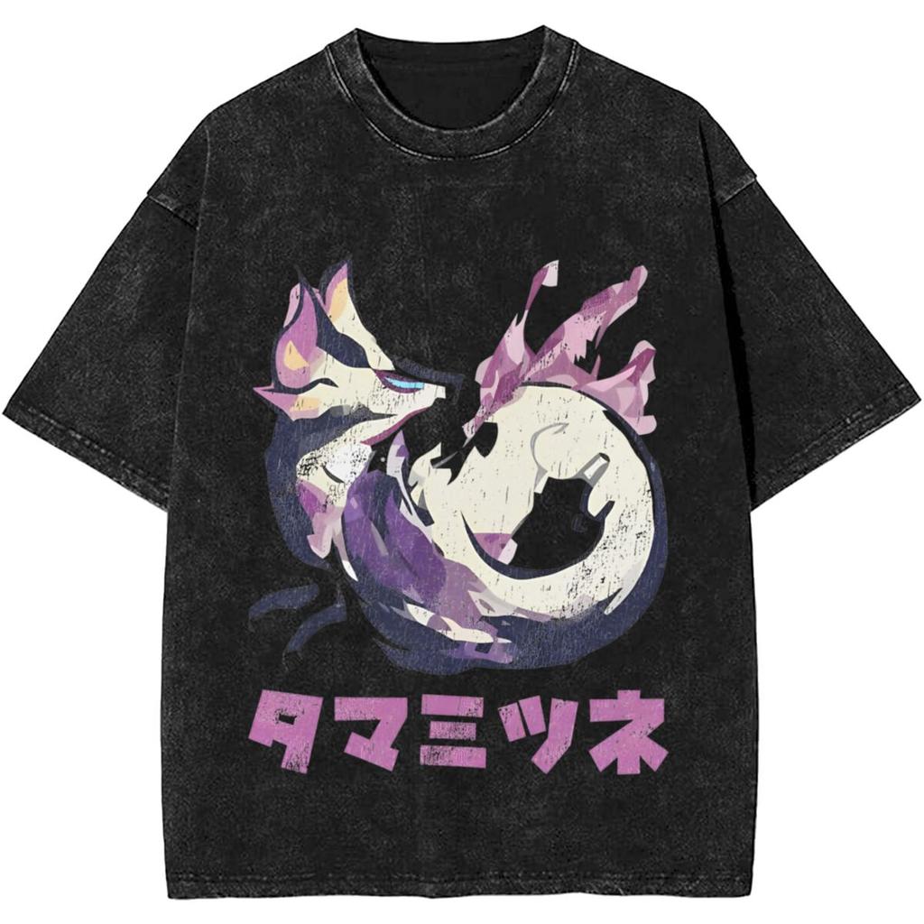 Vintage Washed T Shirt Monsters Hunters Cotton T-Shirts Rise Mizutsune Leisure Tee Shirt for Male Summer Y2K Fun Design Clothes