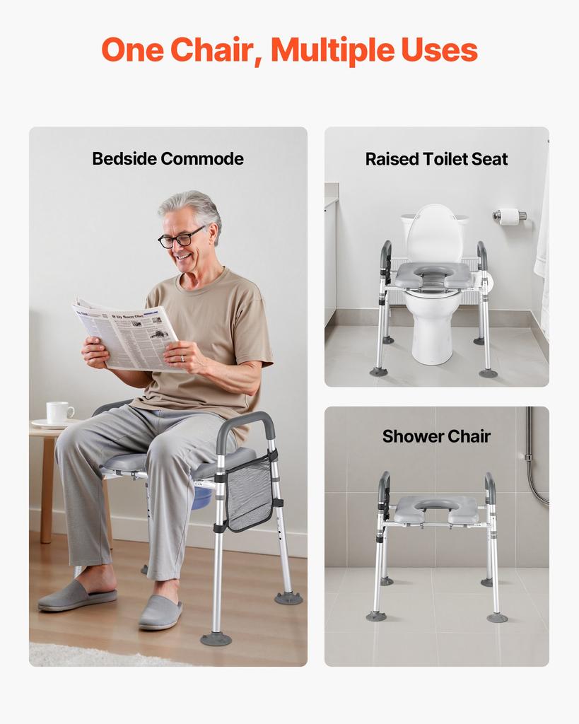 VEVOR Bedside Commode Chair, 227 kg Capacity, 4-in-1 Portable Toilet and Raised Toilet Seat with Padded Seat & Armrest, Detachable 5L Bucket