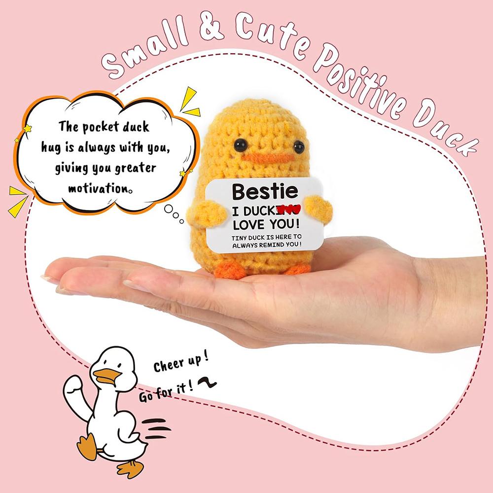 Positive Energy Duck Handmade Plush Wool Knitting Doll With Card Funny Crochet Duck Ornament Christams Gift Home Room Decoration