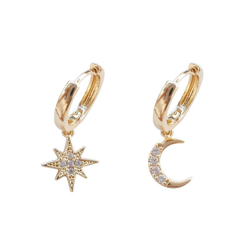 1 Pair Exquisite CZ Star Moon Asymmetric Hoop Earrings for Women Girls Gold Silver Color Party Jewelry Gifts
