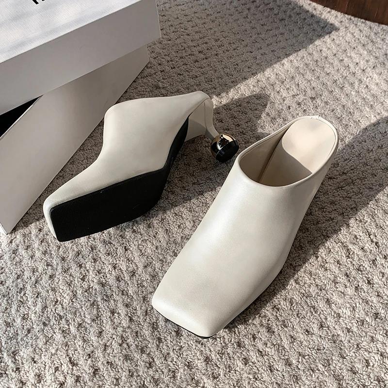 Fashion Square Toe Elegant Women Slippers Fad Mid Heels Leather Sandals Mule Shoes 2025 New Trend Spring Designer Dress Femme Chaussures