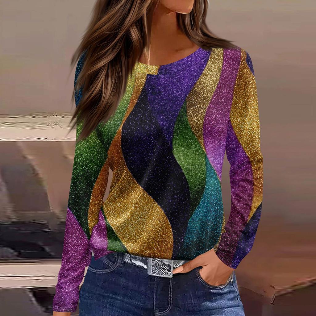 Женская модная повседневная футболка с длинным рукавом, разрезом по подолу и принтом в карнавальном стиле