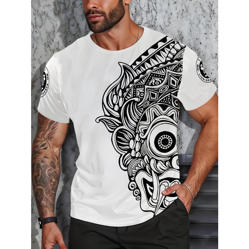 3D Abstract Tribal Mask Printed T-Shirt for Men Trendy Short Sleeve Tees Black White Geometric Line Art Graphic Round Neck Hip Hop Streetwear Tops