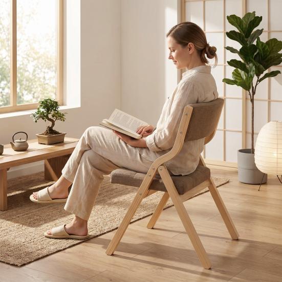 Indoor Outdoor Folding Chair 2Pcs Wooden with Thick Upholstered Cushion, Ergonomic Dining Chairs for Portable Comfort, Supports 350 lbs, Compact