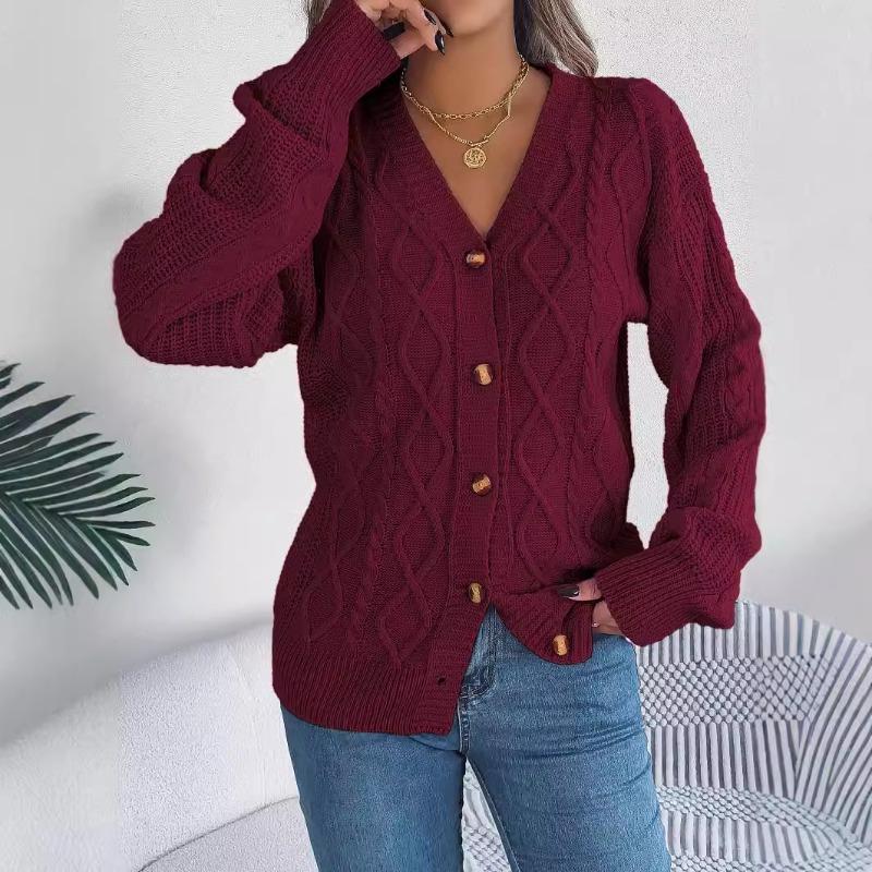 Autumn and Winter Casual V-neck Lantern Sleeve Cardigan Jacket Women Fashion Button Warm Knitted Cardigans Sweater Ladies Vintage Knitwear Coats 25137