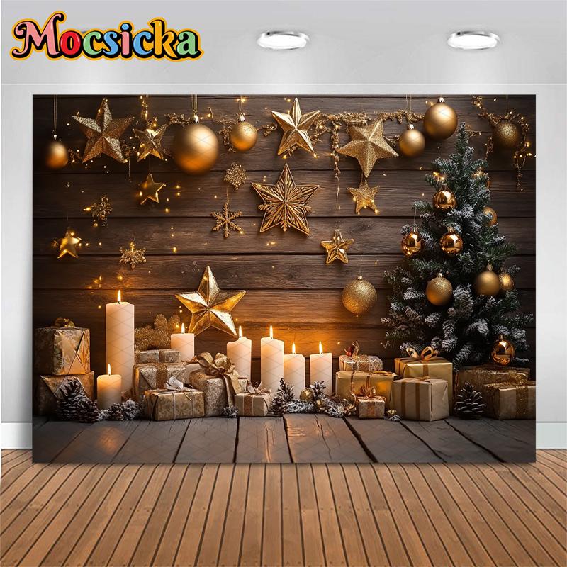 Рождественская елка Фон для фотосъемки Малыш Реквизит для фотосъемки Золотой шар Звезда Подарки Свеча Деревянная стена Фон Декорации Фотозона