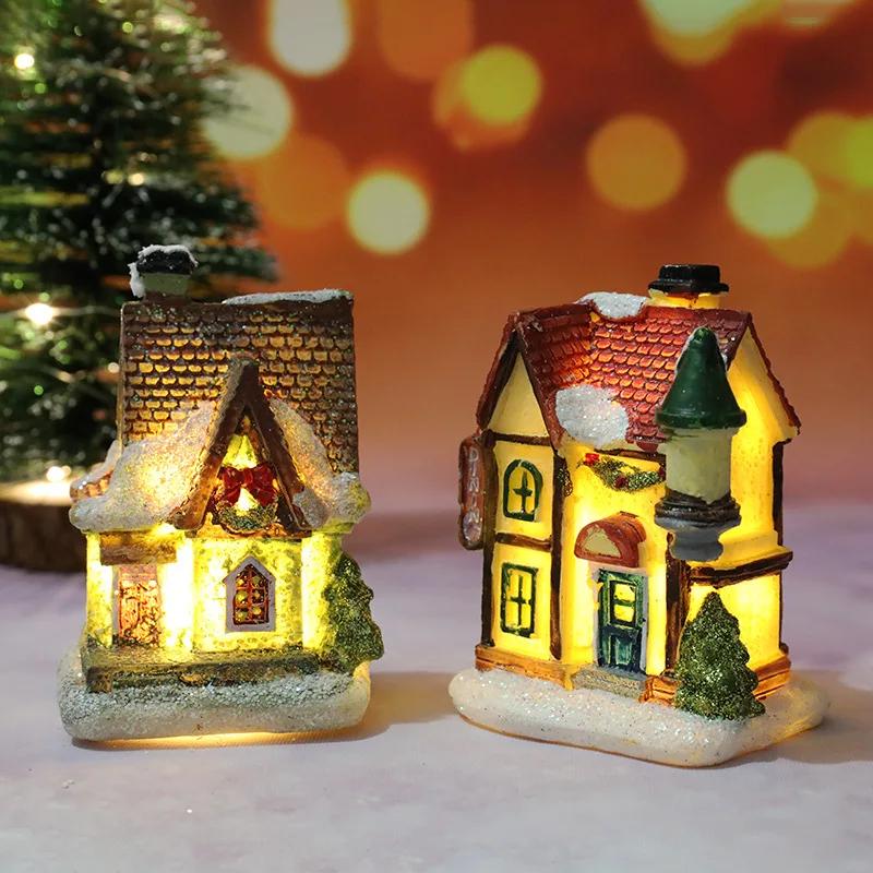 Рождественское украшение в виде домика со светодиодной подсветкой, прочные рождественские украшения, маленький миниатюрный домик из смолы, миниатюрная деревня для дома, подарок для детей.