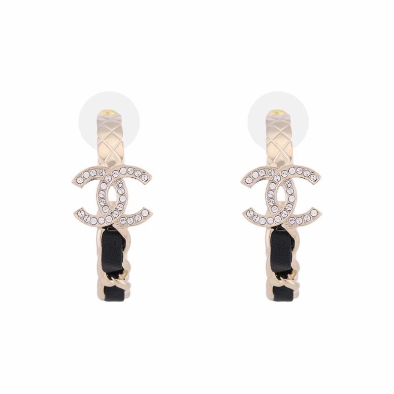 CHANEL Logo Metal Calfskin Rhinestone Earrings Women's Black/Gold