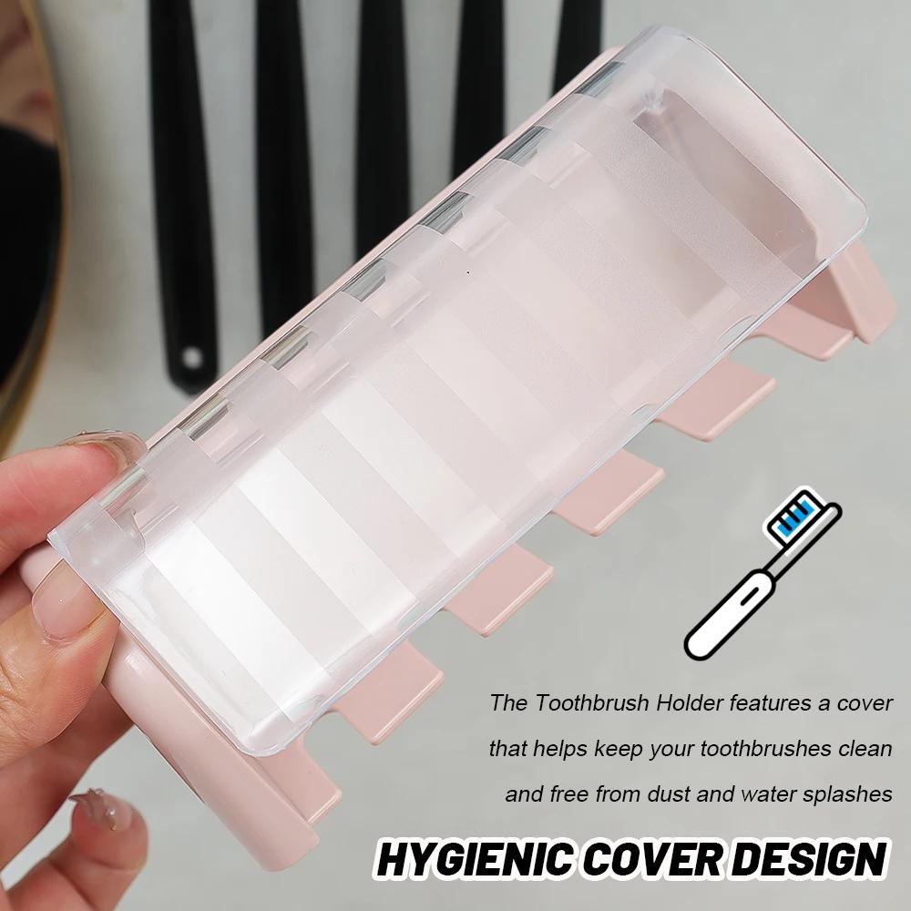 Bathroom Wallmount Toothbrush Holder with Cover 5 Slots Without Drilling Home Bathroom Self Adhered Toothbrush Container Racks