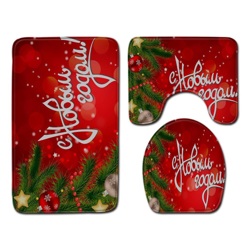 Christmas Bathroom Shower Curtain Toilet Floor Mat Four-Piece Bathroom Non-Slip Door Mat Kitchen Bedroom Absorbent Carpet