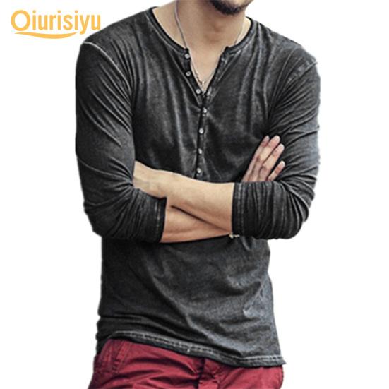 Men Solid Color Casual V Neck Thin Buttons T-shirt