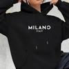 Milano Print Kangaroo Pocket Hoodie, Casual Long Sleeve Drawstring Hoodies Sweatshirt, Women's Clothing