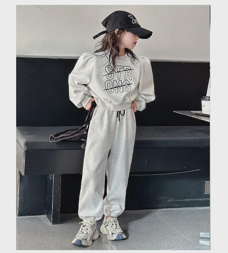 2024 Корейский стиль Комплект из спортивной толстовки и спортивных штанов для девочек - Осень/Весна, комплект из двух предметов для больших детей