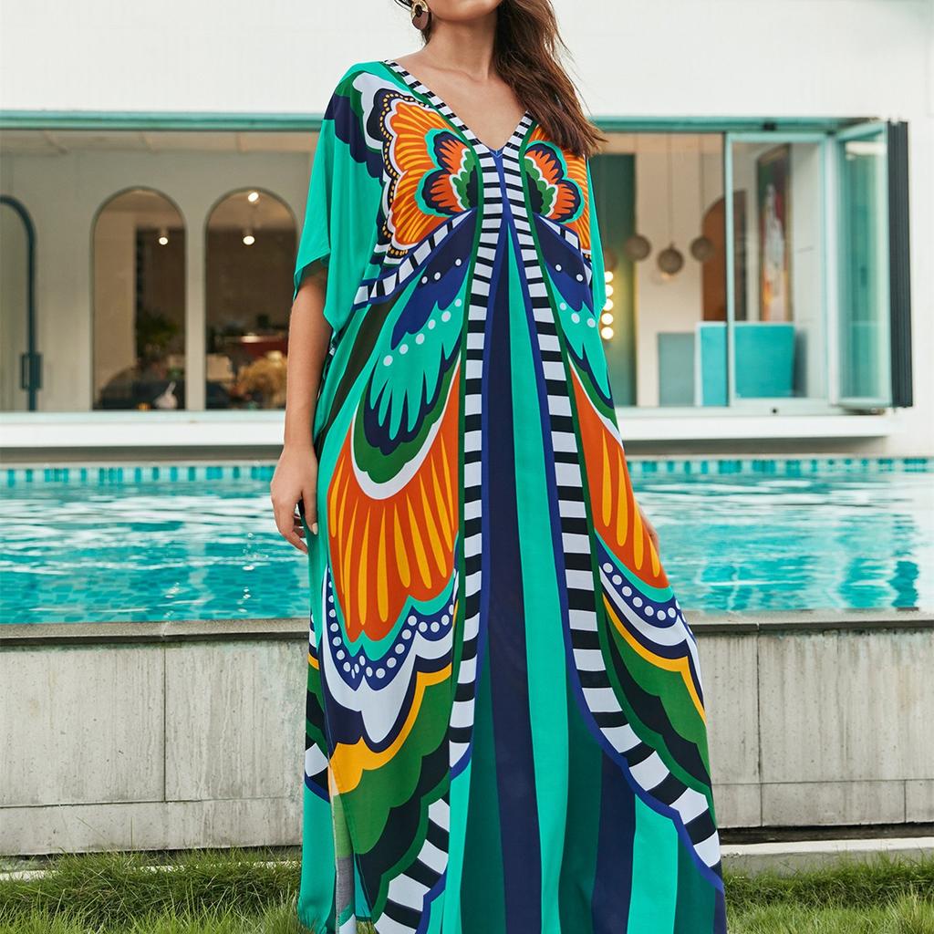 YYFS Women's Fashion Vacation Summer Spring Butterfly Print 1/2 Sleeves V-Neck Casual Dresses