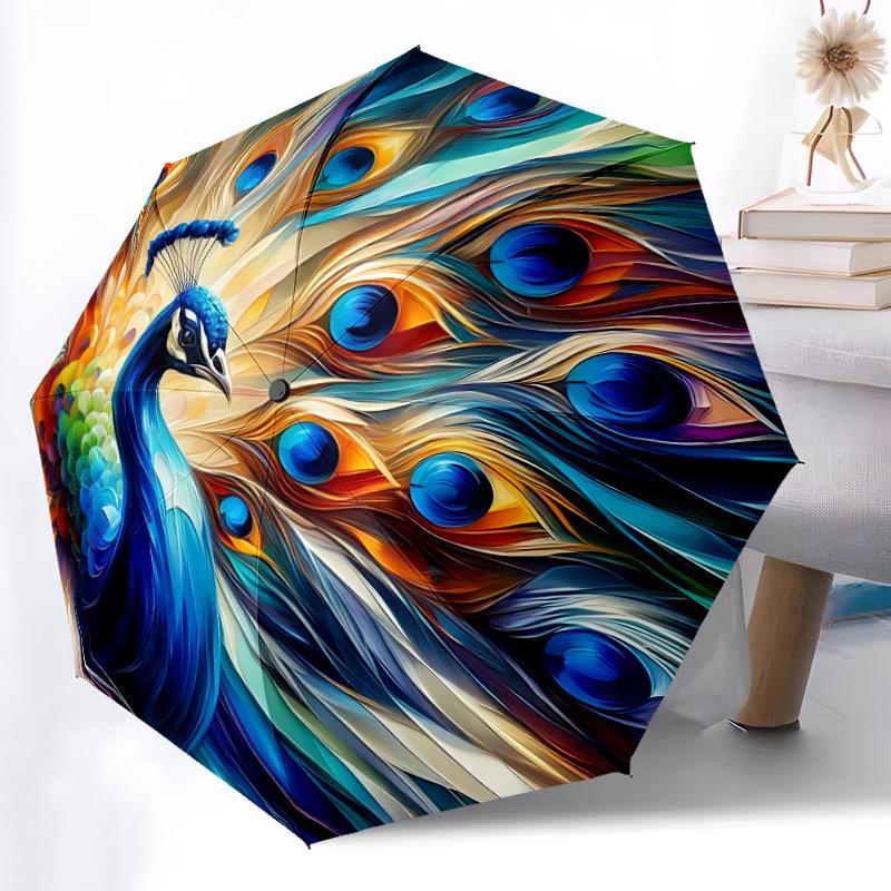 1pc Peacock Feather Artwork Automatic Folding Umbrella - Portable Collapsible Design, 8-Rib Iron Frame, Durable Fabric yy251125059