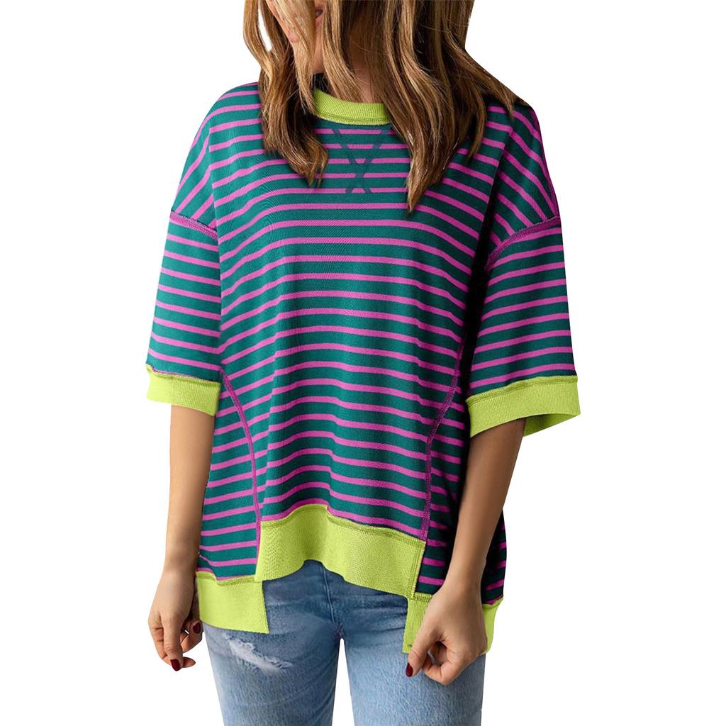 Женский полосатый цветной дизайн с заниженными плечами, пуловер с короткими рукавами, женский топ