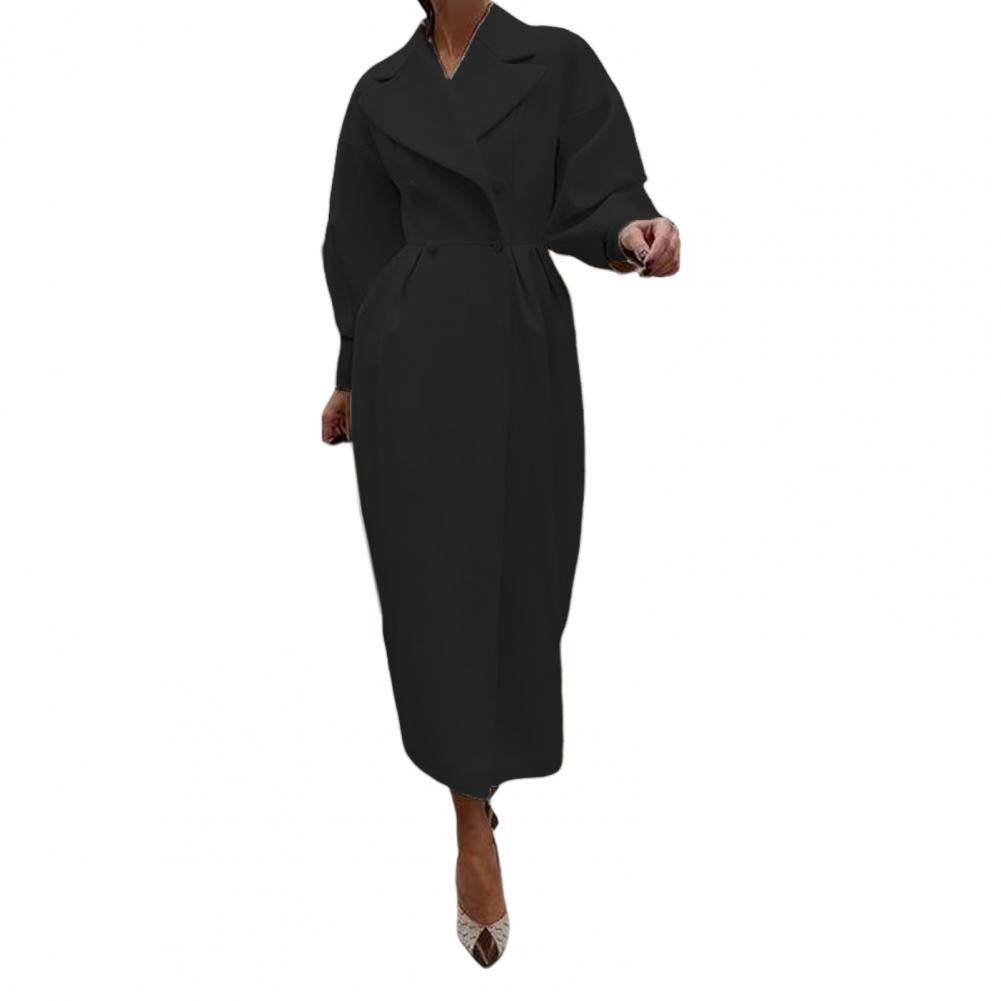 Women Woolen Jacket Turn-down Collar Solid Color Double-breasted Coat Retro Royal Style Thermal Long Lantern Sleeves Commuting D