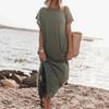 Soft Breathable Women Summer Casual Maxi Dress Round Neck Thin Short Sleeves Loose Solid Color Side Split Ankle Length